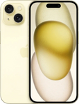 Gele iPhone 15 met dubbele camera en modern scherm, minimalistisch design