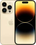 Goudkleurige iPhone 14 Pro met drie camera’s en Dynamic Island display, voor- en achterkant zichtbaar.
