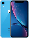 Blauwe iPhone XR, voorkant met scherm en achterkant met cameramodule zichtbaar