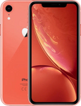 Koraalroze iPhone XR met scherm aan, enkele camera en Apple-logo zichtbaar.