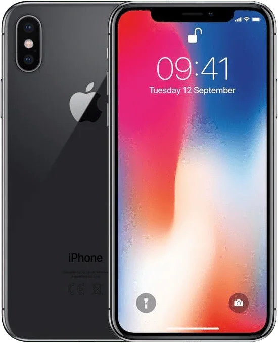 Zwarte iPhone X met tweevoudige camera en kleurrijk vergrendelscherm, refurbished smartphone