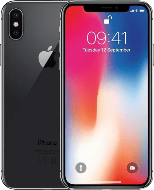 Zwarte iPhone X met dual camera, groot scherm en kleurrijk vergrendelscherm