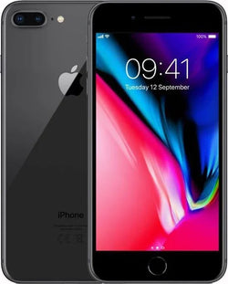 Zwarte refurbished iPhone 8 Plus met glasdesign en dubbel camera, display ingeschakeld.