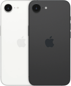 Twee Apple iPhones 16, zwart en wit, achterkant met cameramodule zichtbaar.