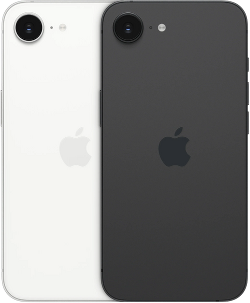 Twee Apple iPhones 16, zwart en wit, achterkant met cameramodule zichtbaar.