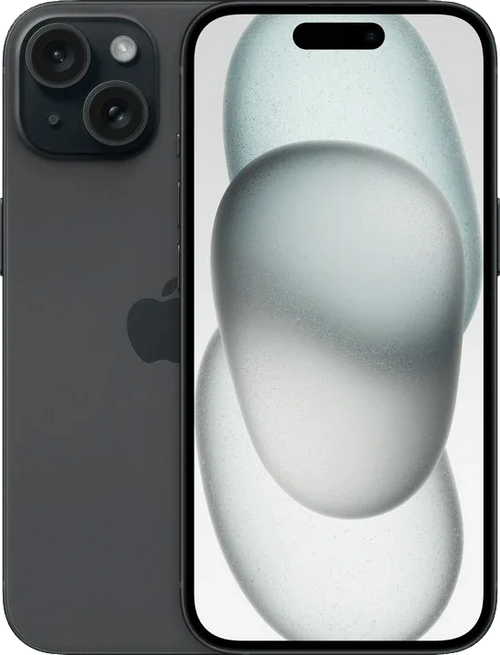 Zwarte iPhone 15 met dubbele camera, moderne behuizing en helder display, voorkant en achterkant zichtbaar