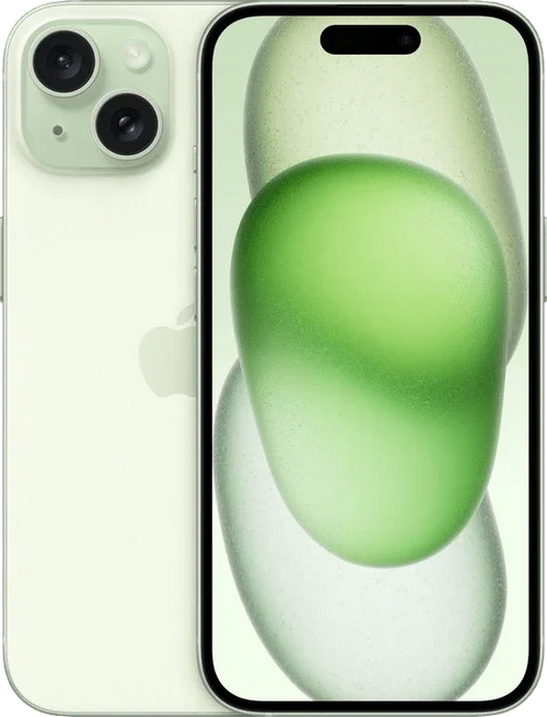 Lichtgroene iPhone met dubbele camera en groene abstracte achtergrond op het scherm