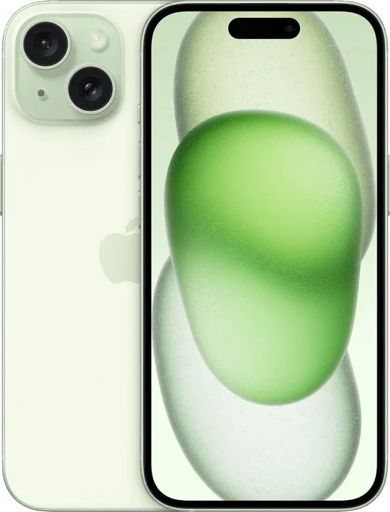Lichtgroene iPhone met dubbele camera en groene abstracte achtergrond op het scherm