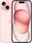 Roze iPhone 15 met dubbele camera en modern display, vooraanzicht en achteraanzicht.