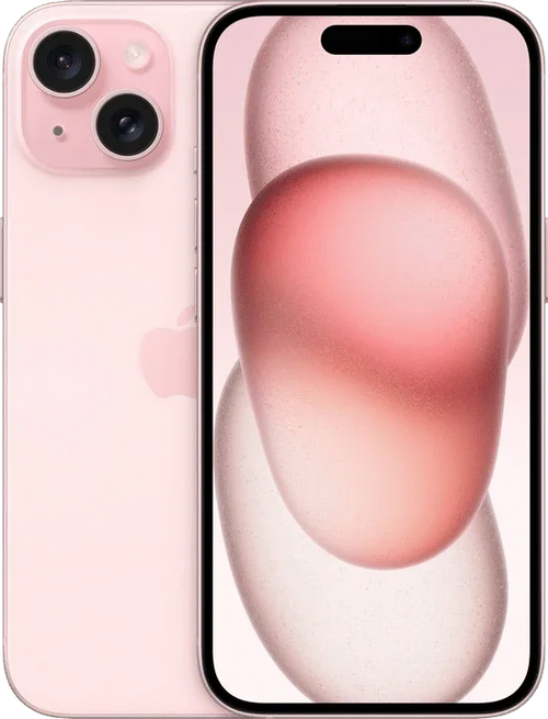 Roze iPhone 15 met dubbele camera en modern display, vooraanzicht en achteraanzicht.