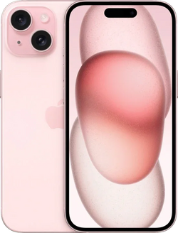 Roze iPhone 15 met dual camera, modern design en kleurrijk scherm, voorkant en achterkant.