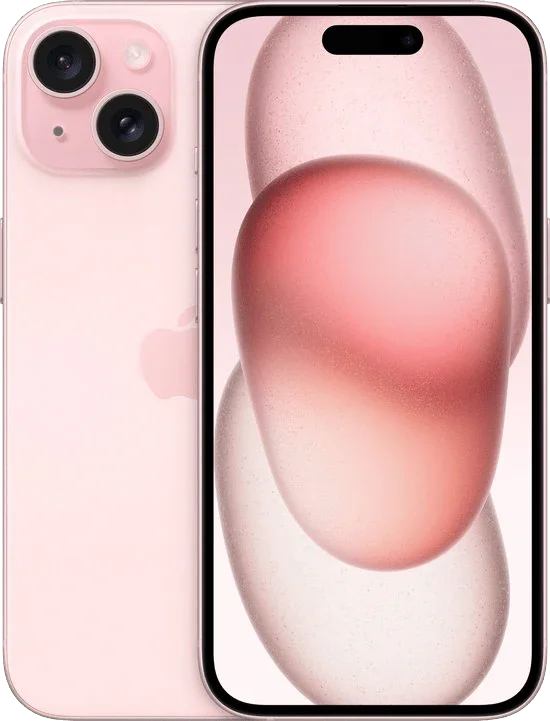 Roze iPhone 15 met dual camera, modern design en kleurrijk scherm, voorkant en achterkant.