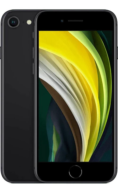 Zwarte refurbished iPhone SE met kleurrijk scherm, voorkant en achterkant zichtbaar