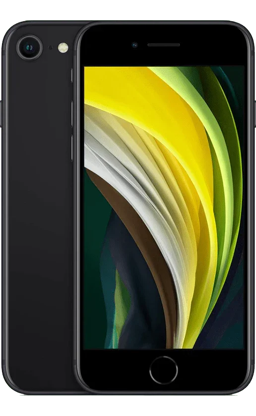 Zwarte refurbished iPhone SE met kleurrijk scherm, voorkant en achterkant zichtbaar