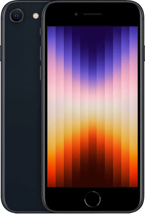 Zwarte iPhone SE 2022, voor- en achterkant, smartphone met kleurrijk scherm
