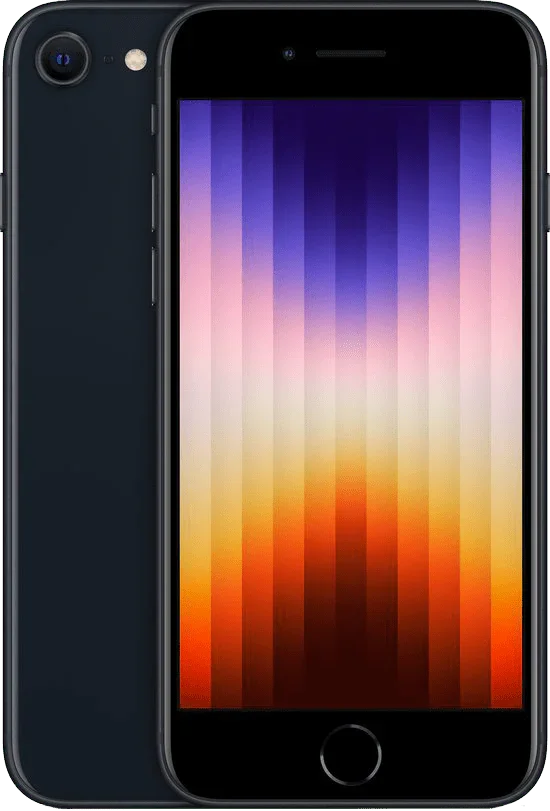 Zwarte iPhone SE 2022, voor- en achterkant, smartphone met kleurrijk scherm
