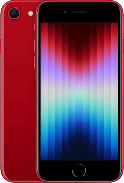Rode refurbished iPhone SE 2022 met kleurrijk scherm, voor- en achterkant zichtbaar