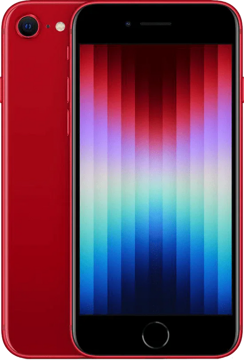Rode refurbished iPhone SE 2022 met kleurrijk scherm, voor- en achterkant zichtbaar