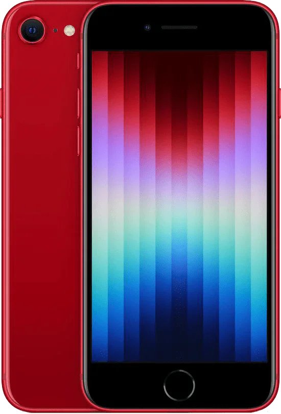 Rode refurbished iPhone SE 2022 met kleurrijk scherm, voor- en achterkant zichtbaar