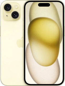 Gele iPhone 15 met dubbele camera en modern scherm, minimalistisch design