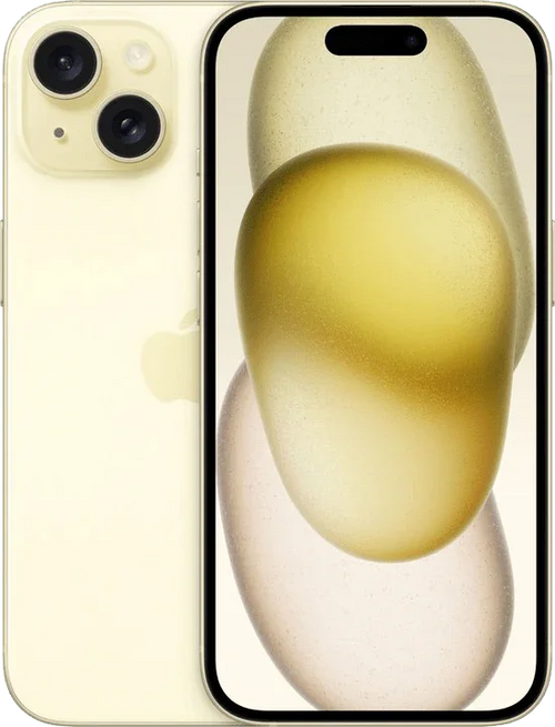 Gele iPhone 15 met dubbele camera en modern scherm, minimalistisch design
