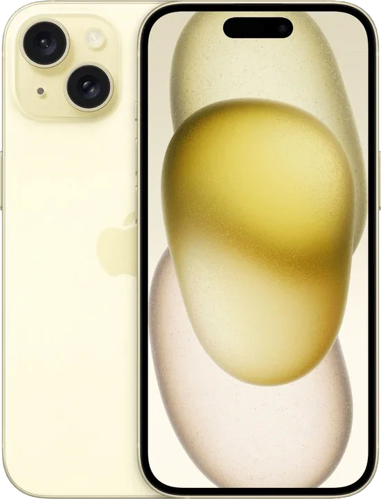 Gele iPhone 15 met dubbele camera en modern scherm, minimalistisch design