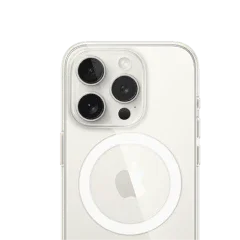 Transparante iPhone-hoes met MagSafe, zichtbaar bij camera en achterkant, geschikt voor Apple