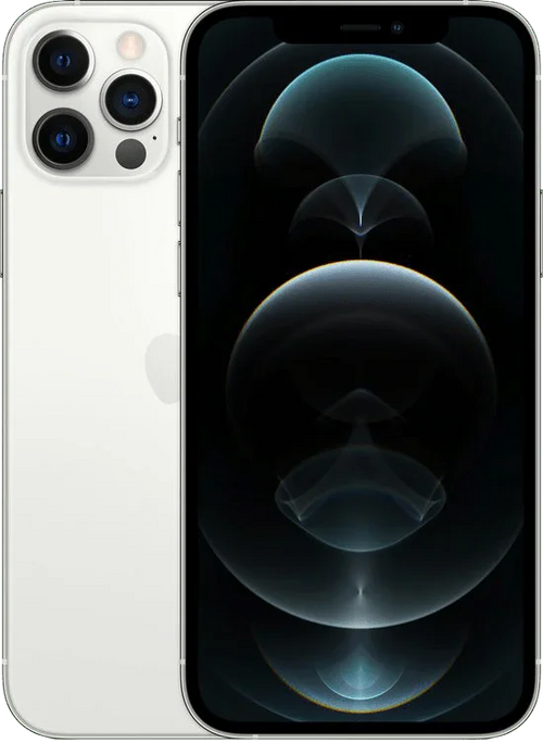 Witte iPhone 12 Pro met drie camera's en OLED-display, voorkant en achterkant zichtbaar