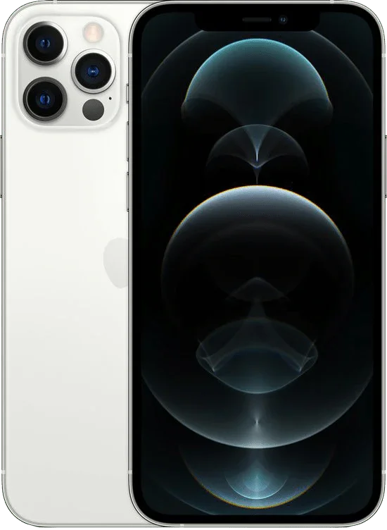 Zilveren iPhone 12 Pro met driedubbele camera en zwart scherm, close-up productfoto