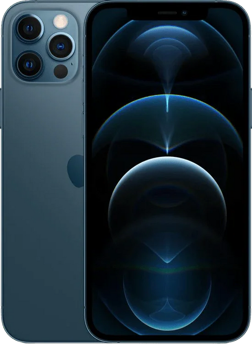 Blauwe iPhone 12 Pro met drievoudige camera en modern OLED-scherm, voorkant en achterkant zichtbaar