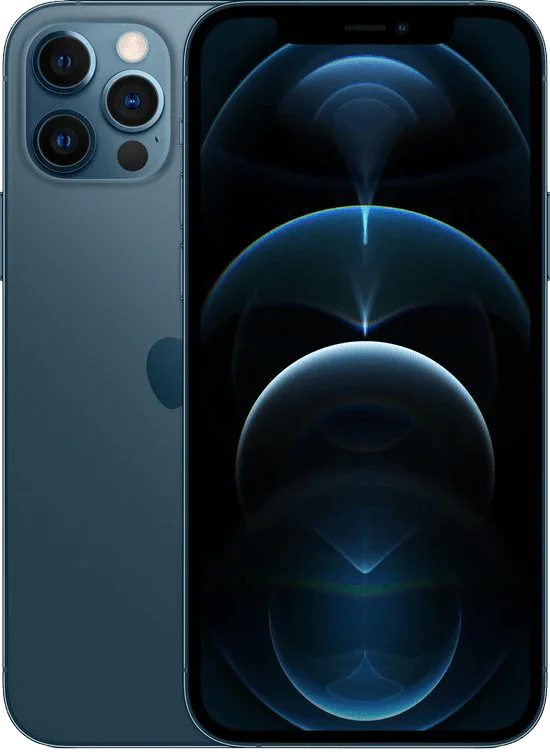 Blauwe iPhone 12 Pro met drievoudige camera en modern OLED-scherm, voorkant en achterkant zichtbaar