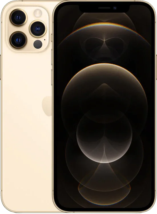 Gouden iPhone 12 Pro met drievoudige camera en OLED-scherm, voorkant en achterkant zichtbaar