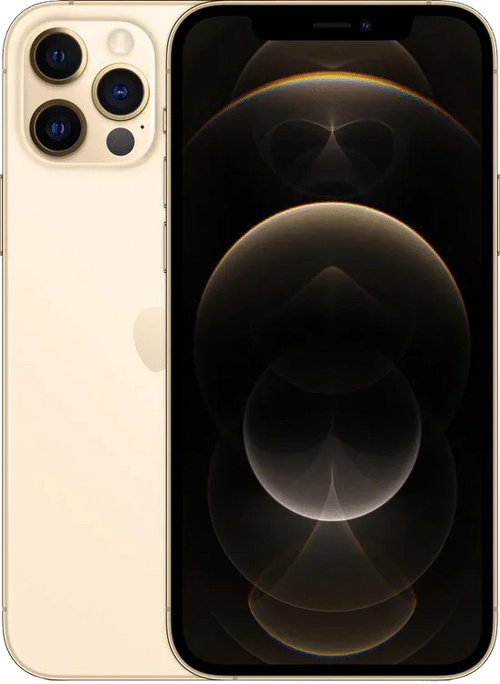 Gouden iPhone 12 Pro met drie camera’s, voorkant en achterkant zichtbaar