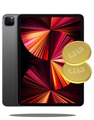 Zwarte iPad Pro met kleurrijk scherm en twee gouden munten, refurbished tablet afbeelding