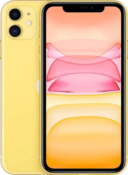 Gele iPhone 11 met dubbel camerasysteem en kleurrijk scherm, Apple smartphone