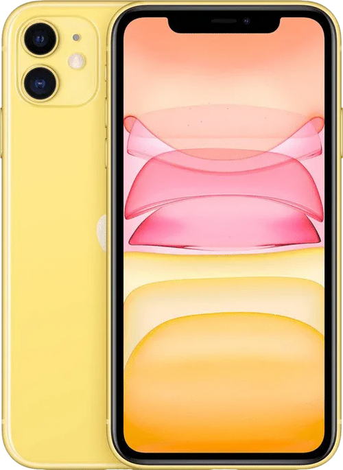 Gele iPhone 11 met dubbel camerasysteem en kleurrijk scherm, Apple smartphone
