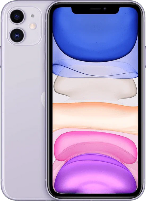 Lila iPhone 11 met dual camera en kleurrijk scherm, refurbished smartphone productfoto
