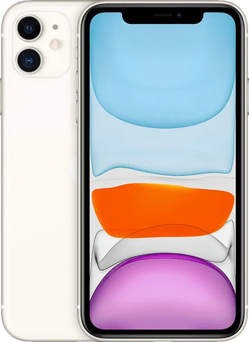 Witte iPhone 11 met dubbele camera en kleurrijk scherm, vooraanzicht en achteraanzicht