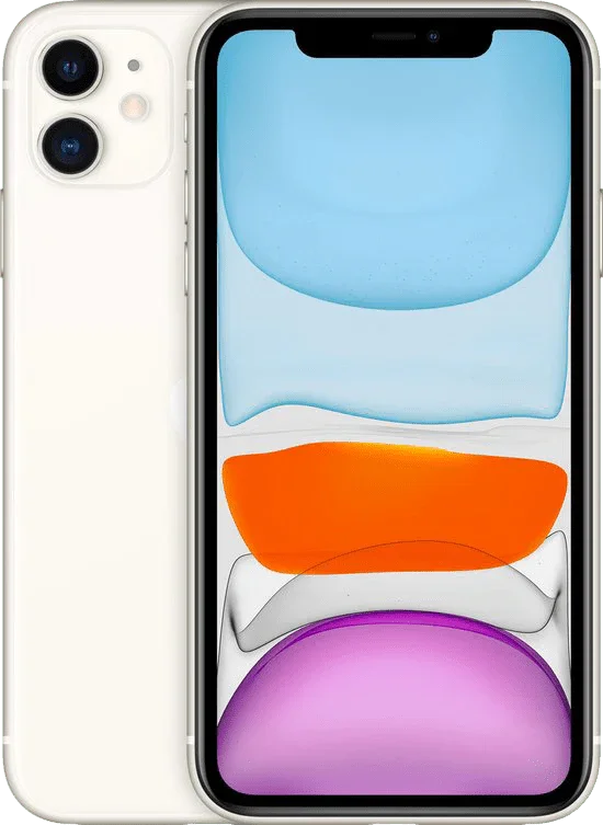 Witte iPhone 11 met dubbele camera en kleurrijk scherm, vooraanzicht en achteraanzicht