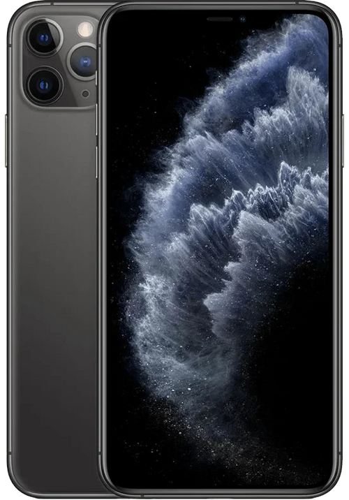Spacegrijze iPhone 11 Pro met triple camera en zwart/wit scherm, voorkant en achterkant zichtbaar