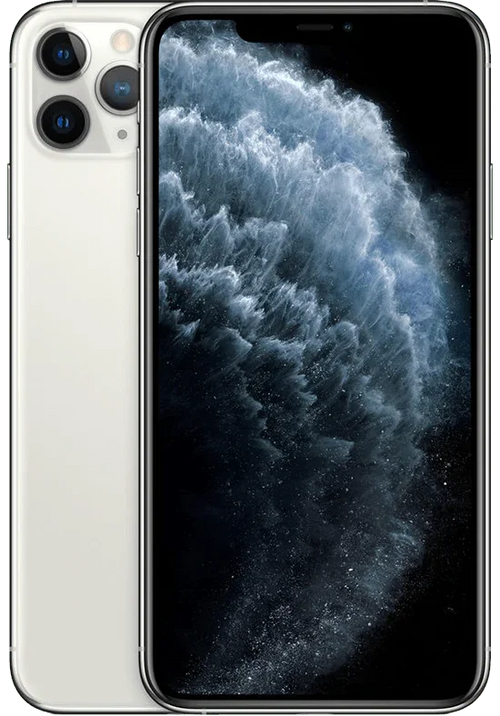 iPhone 11 Pro zilver, voorkant en achterkant met drie camera's, refurbished smartphone