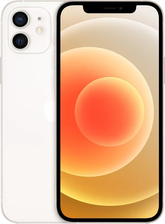 Witte iPhone 12 met dual camera en kleurrijk scherm, refurbished smartphone productfoto