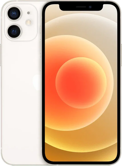 Witte iPhone 12 Mini met dual camera en kleurrijk scherm, productfoto smartphone