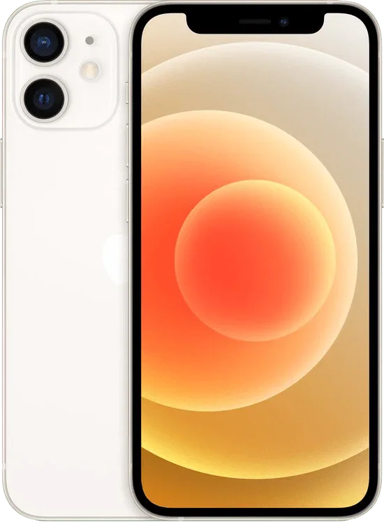 Witte iPhone 12 mini met dual camera en verlicht scherm, voorkant en achterkant zichtbaar