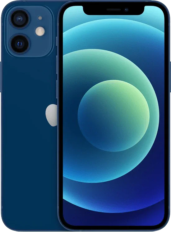 Blauwe iPhone 12 mini met dual camera en helder scherm, voorkant en achterkant zichtbaar