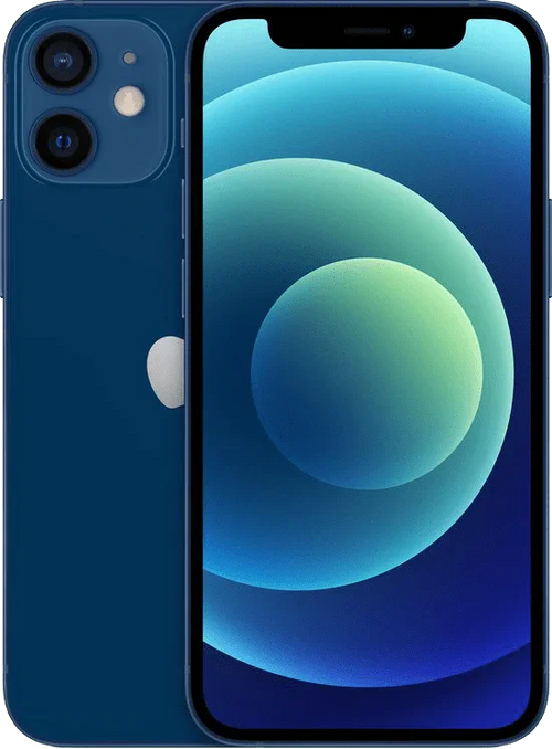 Blauwe iPhone 12 mini met dubbele camera en OLED-scherm, voorkant en achterkant zichtbaar