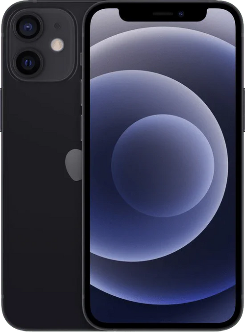 Zwarte iPhone 12 mini met dual camera en modern scherm, vooraanzicht en achterkant zichtbaar.