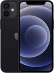 Zwarte iPhone 12 Mini met dual camera en helder scherm, voorkant en achterkant zichtbaar.