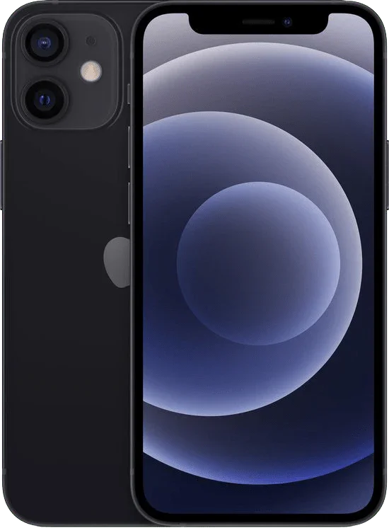Zwarte iPhone 12 Mini met dual camera en helder scherm, voorkant en achterkant zichtbaar.