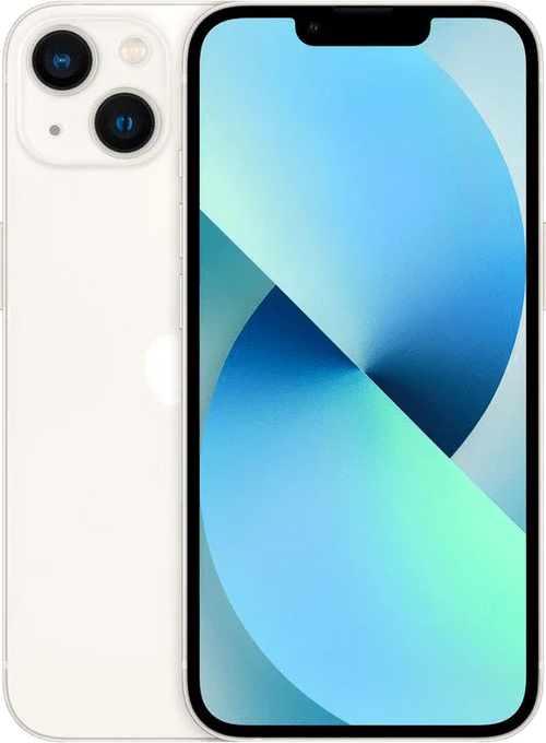 Witte iPhone 13 met dual camera, voorkant en achterkant zichtbaar, modern design